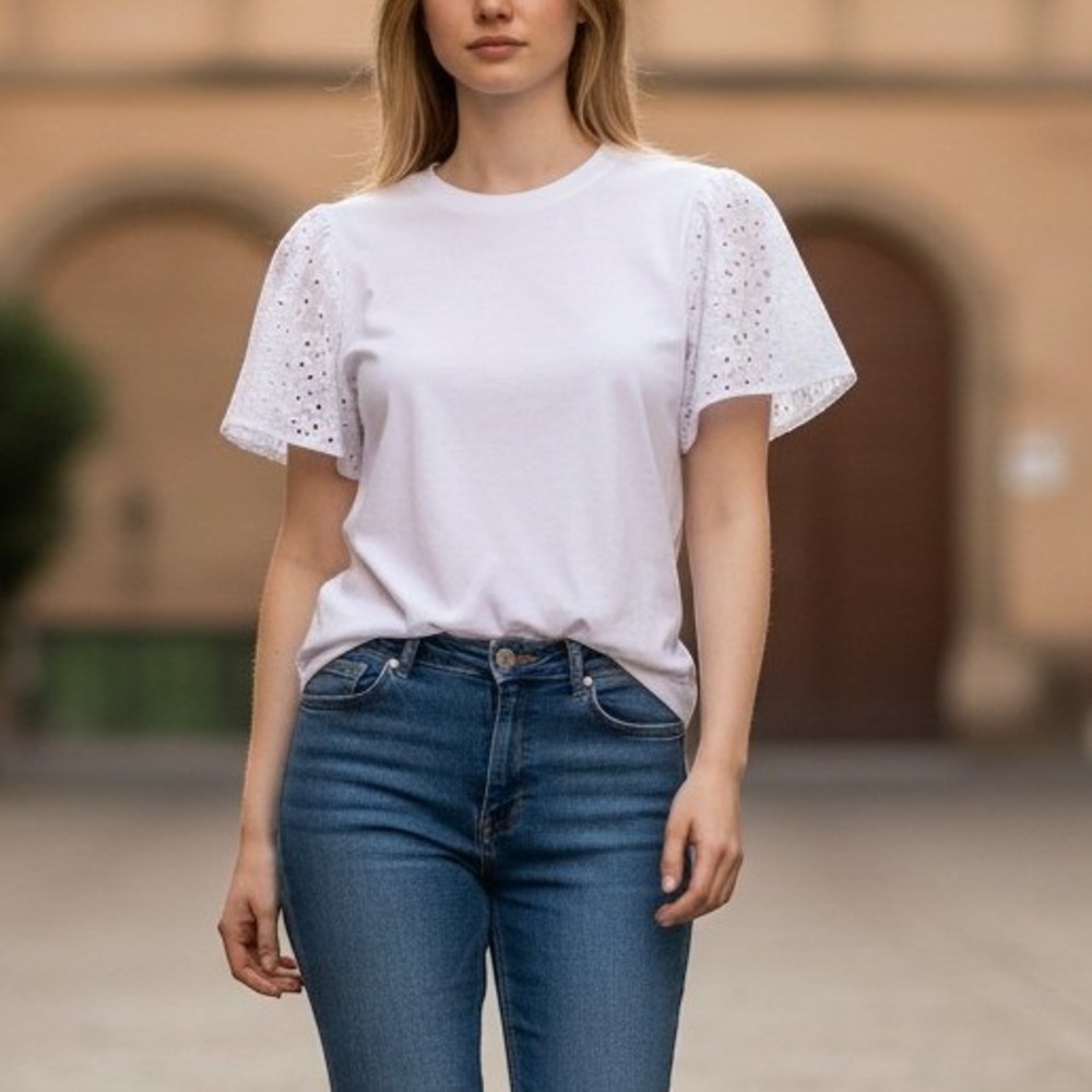 Weekend Max Mara White Eyelet Flutter Sleeve Crew Neck T-Shirt Cotton Top Size M